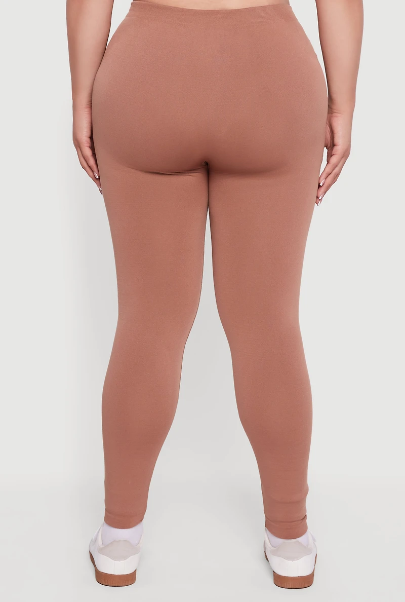 Womens Plus Size High Waisted Basic Fleece Lined Leggings, Brown, Size 1X-2X