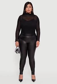 Womens Plus Size Fleece Lined High Waisted Faux Leather Leggings, Black, Size 3X