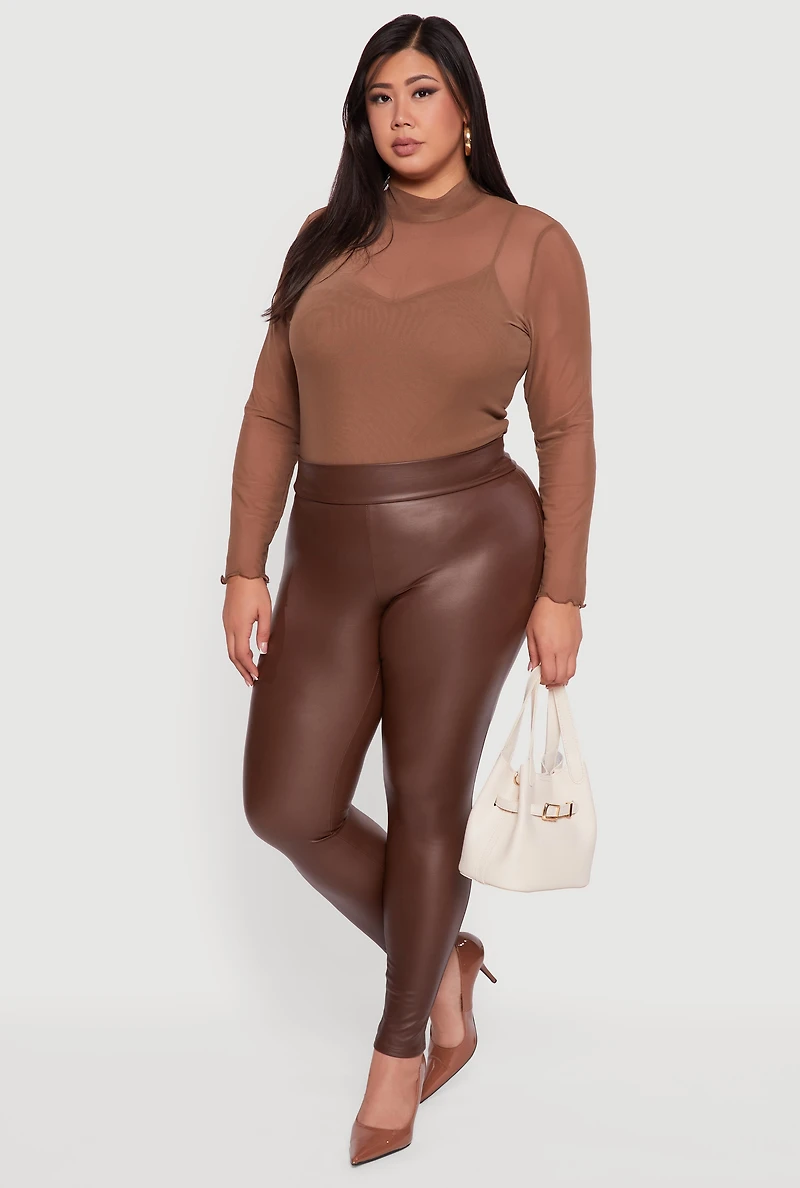 Womens Plus Fleece Lined High Waisted Faux Leather Leggings, Brown,