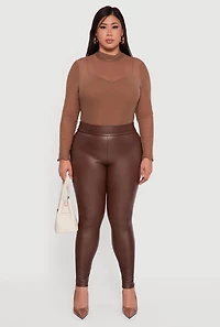 Womens Plus Fleece Lined High Waisted Faux Leather Leggings, Brown,