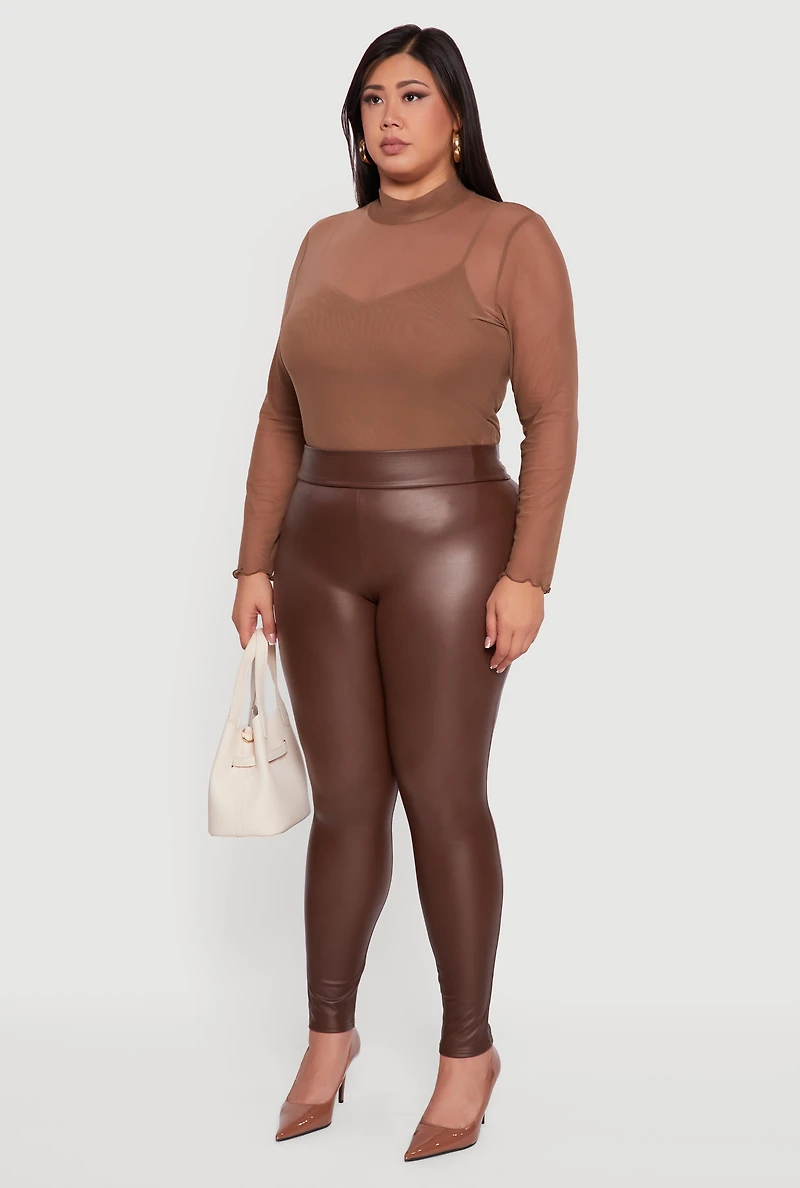Womens Plus Fleece Lined High Waisted Faux Leather Leggings, Brown,