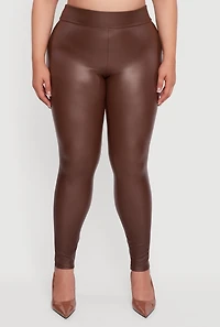 Womens Plus Fleece Lined High Waisted Faux Leather Leggings, Brown,