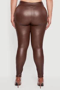 Womens Plus Fleece Lined High Waisted Faux Leather Leggings, Brown,