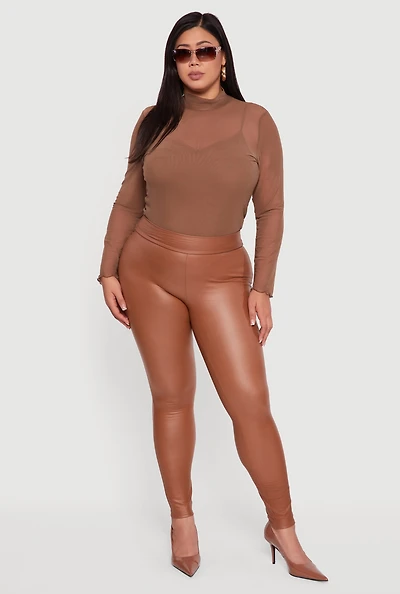Womens Plus Fleece Lined High Waisted Faux Leather Leggings, Brown,