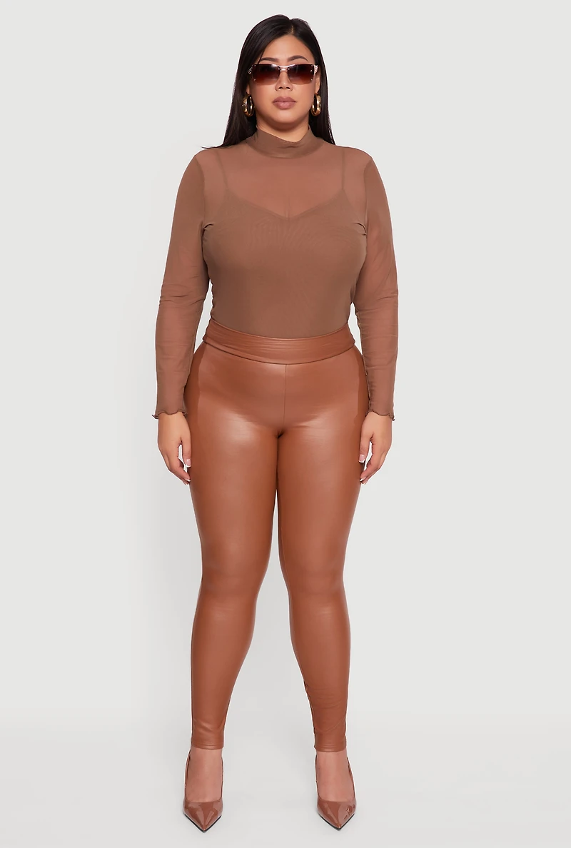 Womens Plus Fleece Lined High Waisted Faux Leather Leggings, Brown,
