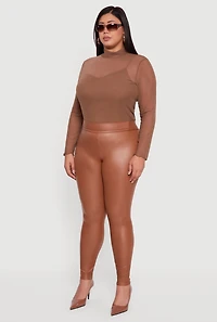 Womens Plus Fleece Lined High Waisted Faux Leather Leggings, Brown,