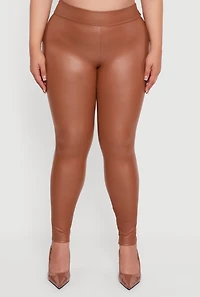 Womens Plus Fleece Lined High Waisted Faux Leather Leggings, Brown,