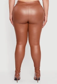 Womens Plus Fleece Lined High Waisted Faux Leather Leggings, Brown,