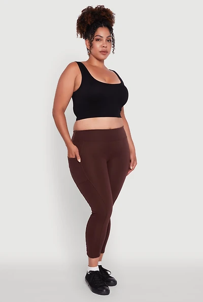 Womens Plus Size Fleece Lined Cropped Leggings with Pockets, Brown, Size 2X