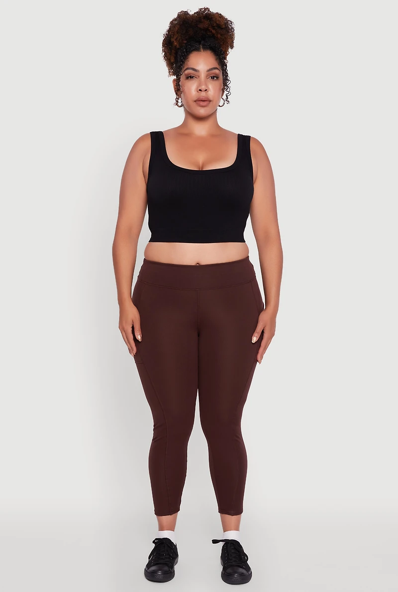 Womens Plus Fleece Lined Cropped Leggings with Pockets, Brown,