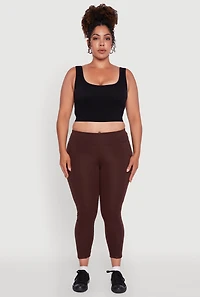 Womens Plus Fleece Lined Cropped Leggings with Pockets, Brown,