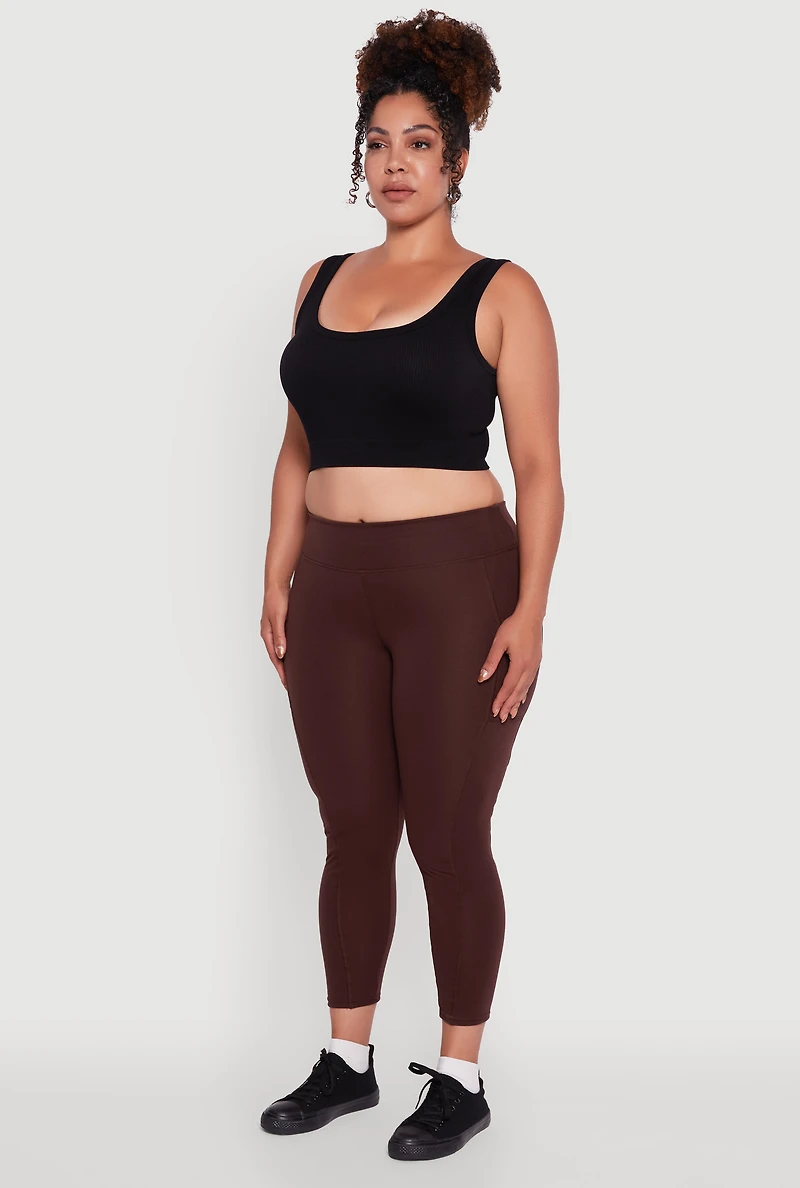 Womens Plus Fleece Lined Cropped Leggings with Pockets, Brown,