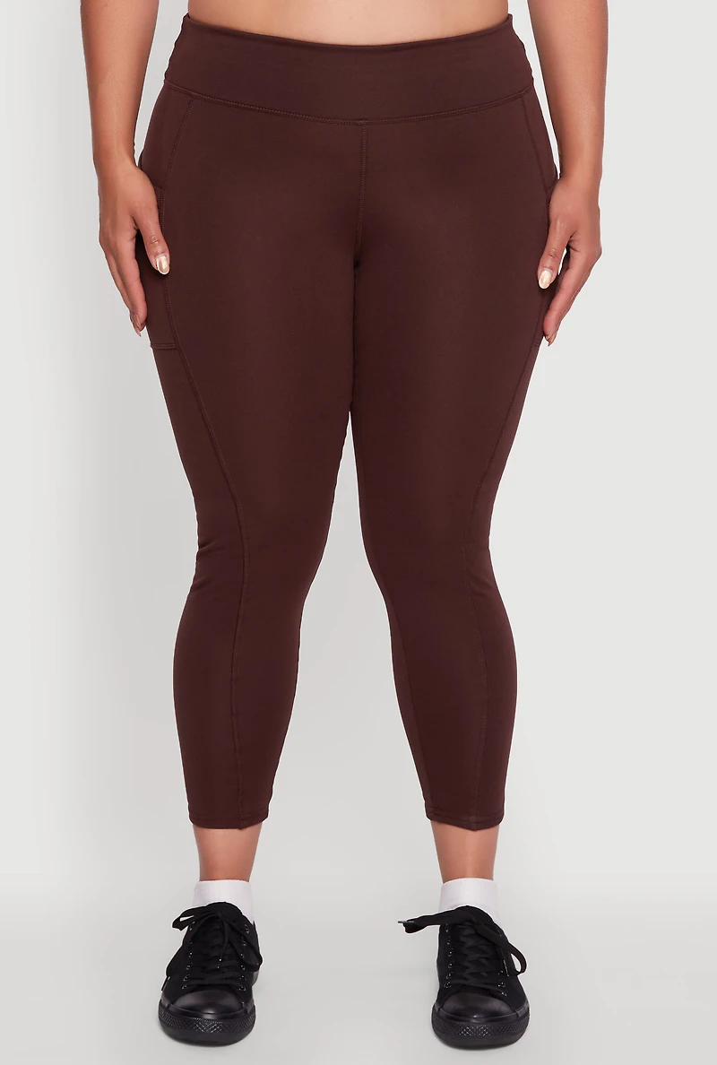 Womens Plus Size Fleece Lined Cropped Leggings with Pockets, Brown, Size 2X