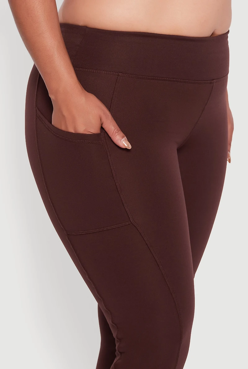 Womens Plus Fleece Lined Cropped Leggings with Pockets, Brown,