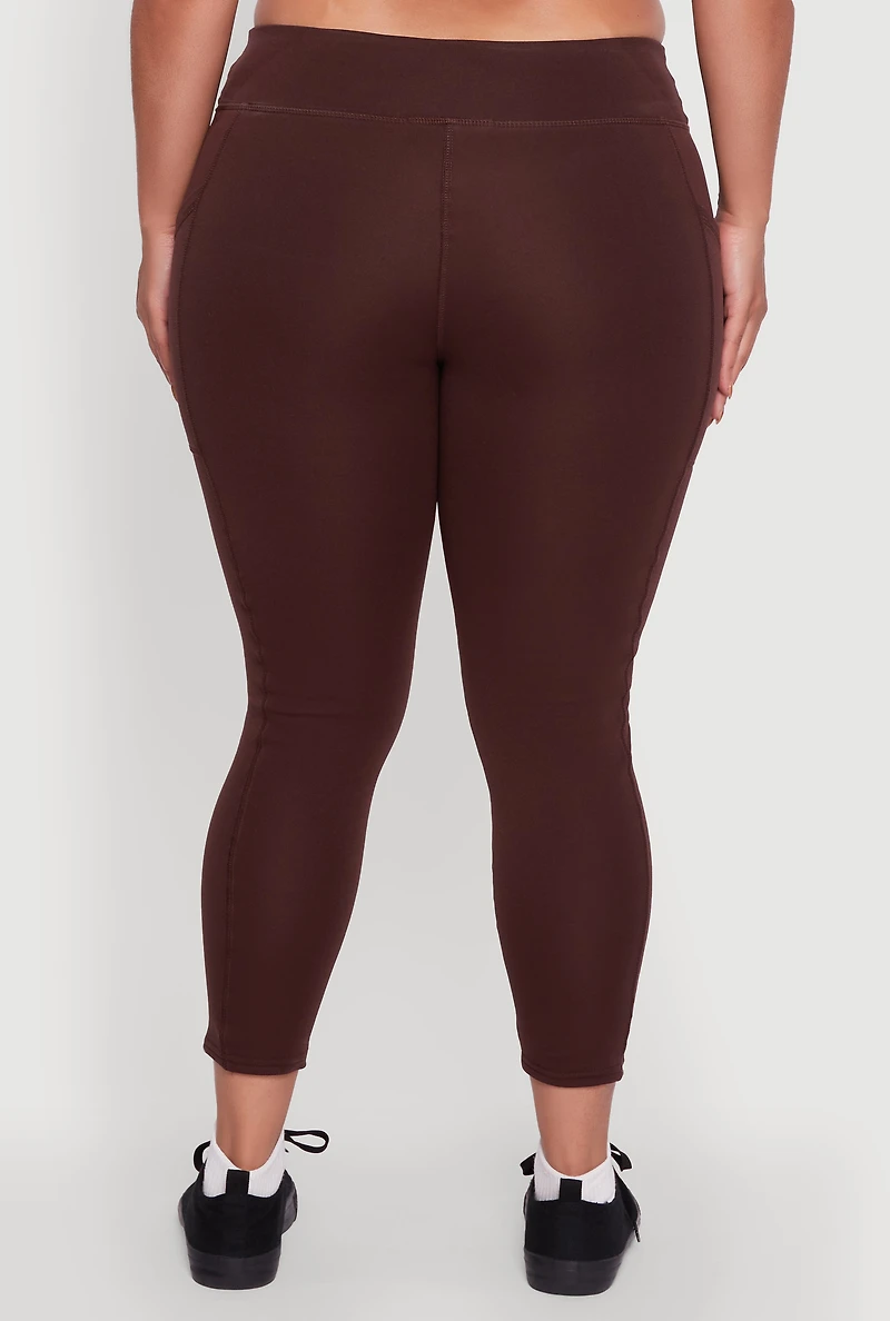Womens Plus Fleece Lined Cropped Leggings with Pockets, Brown,