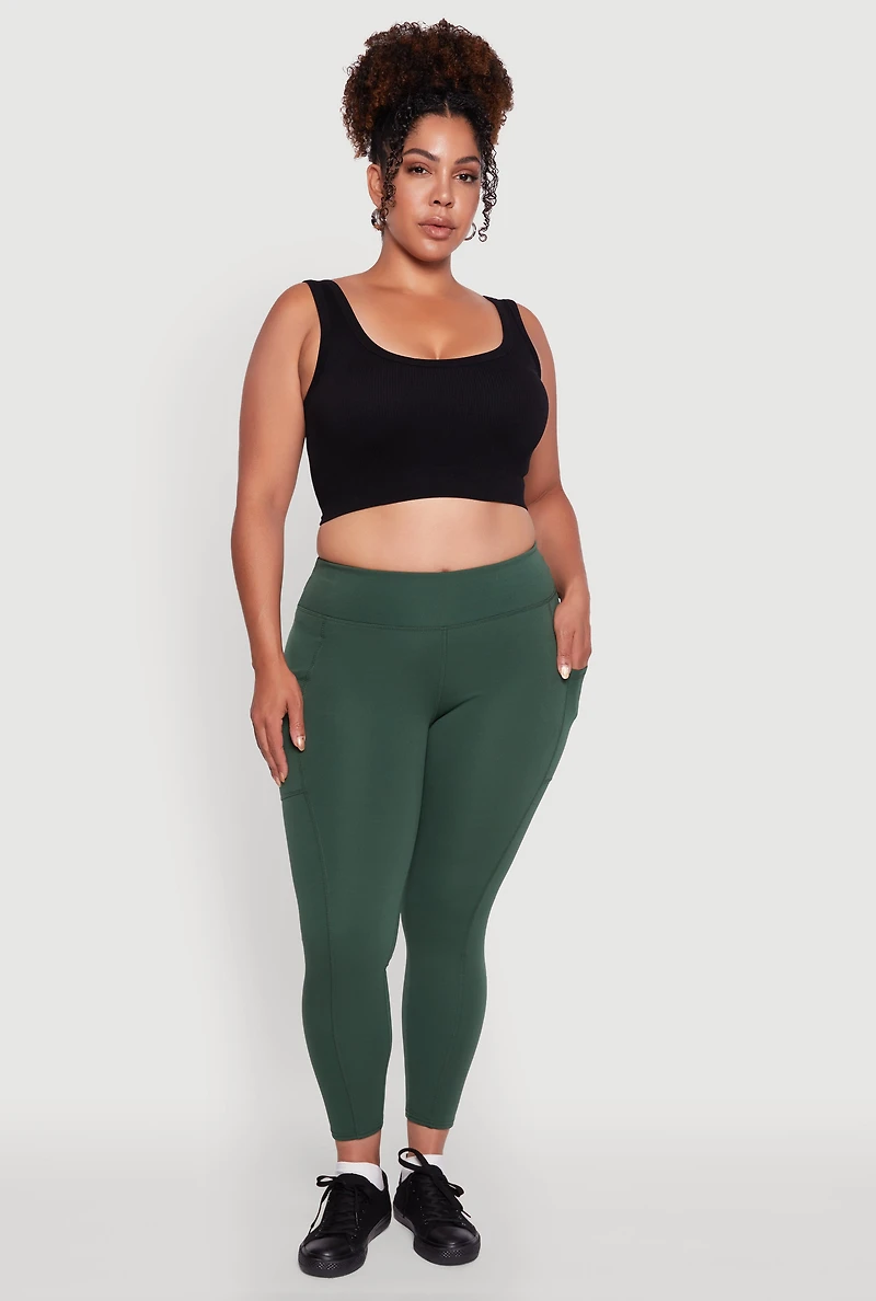 Womens Plus Size Fleece Lined Cropped Leggings with Pockets, Green, Size 3X