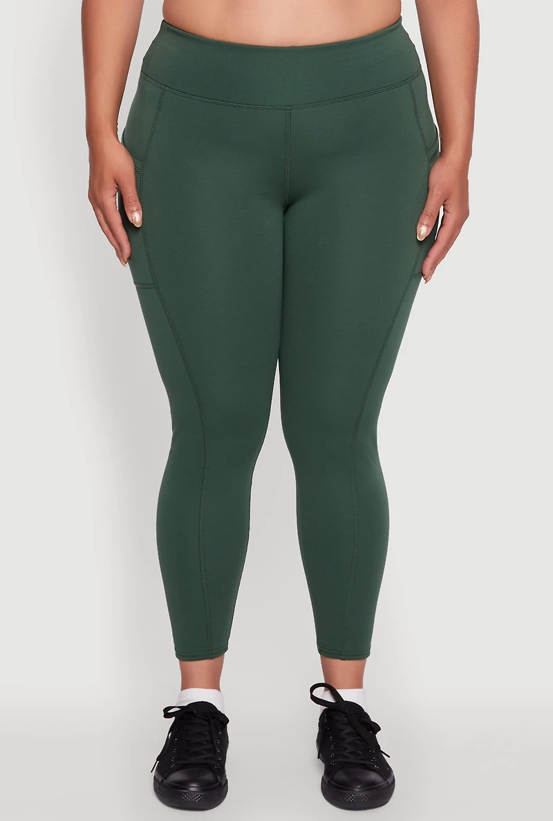 Womens Plus Size Fleece Lined Cropped Leggings with Pockets, Green, Size 1X