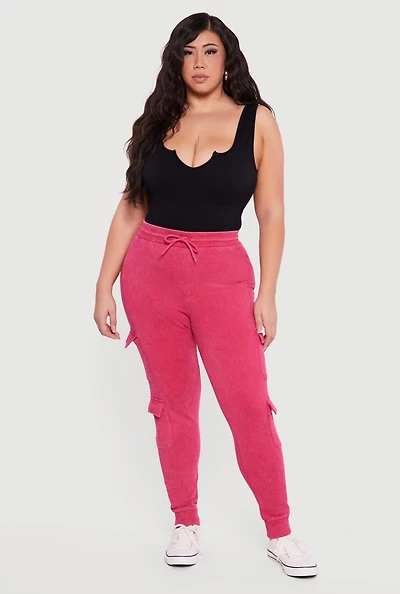 Plus Acid Wash Fleece Joggers with Cargo Pockets