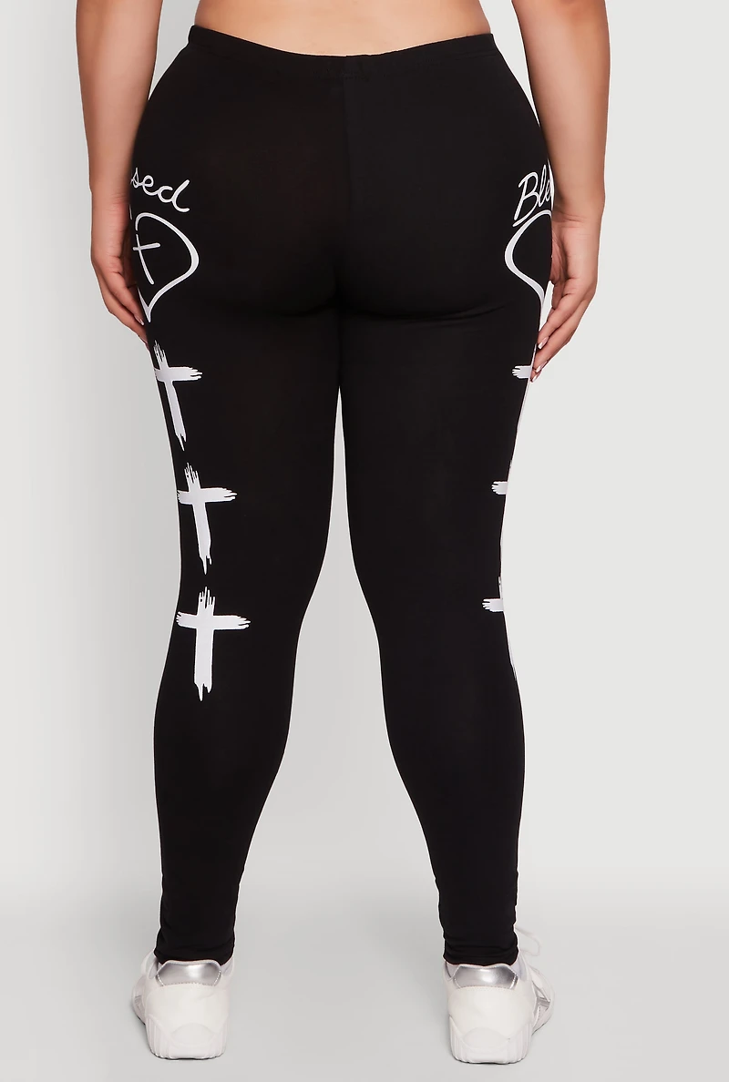 Womens Plus Blessed Cross Heart Graphic Leggings,