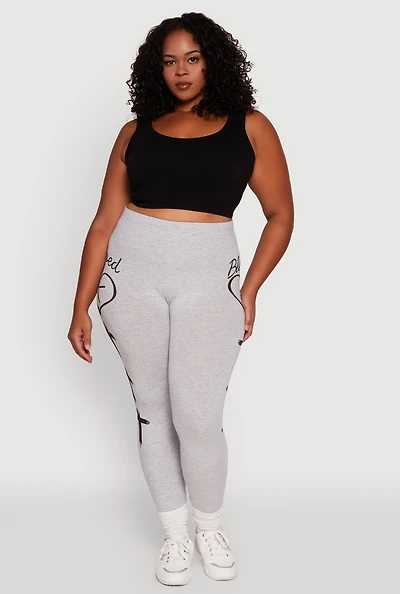 Womens Plus Size Blessed Cross Heart Graphic Leggings, Grey, Size 1X