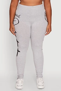 Womens Plus Size Blessed Cross Heart Graphic Leggings, Grey, Size 1X