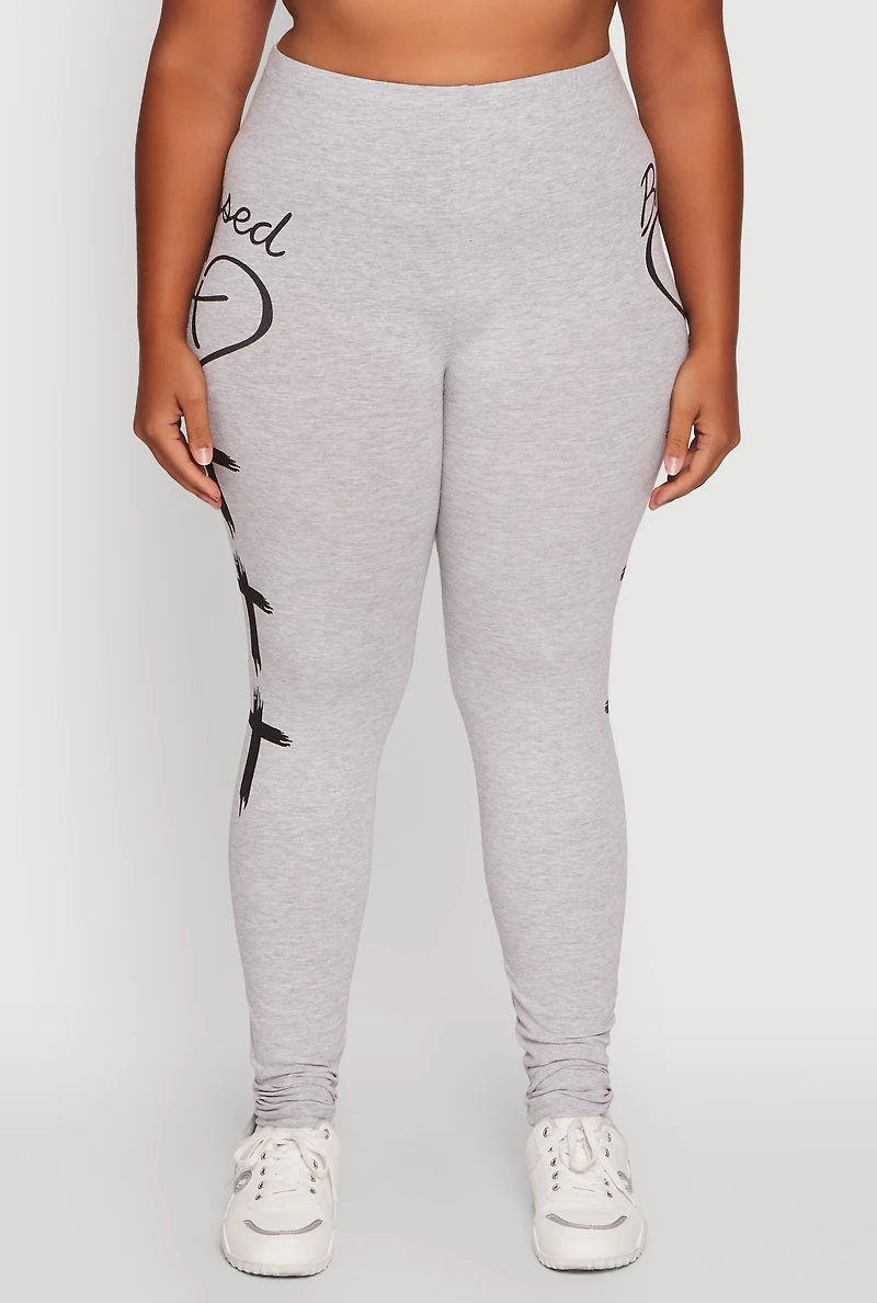 Womens Plus Blessed Cross Heart Graphic Leggings, Grey,