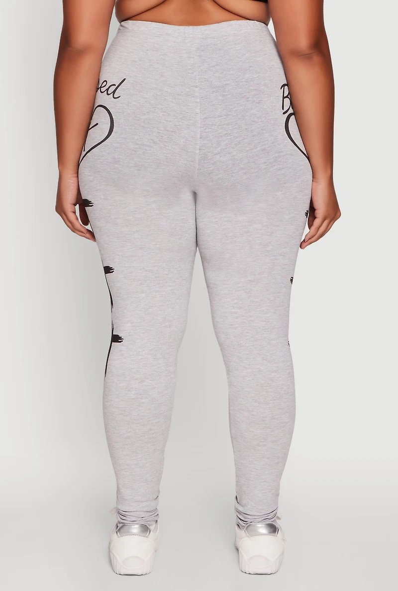 Womens Plus Blessed Cross Heart Graphic Leggings, Grey,