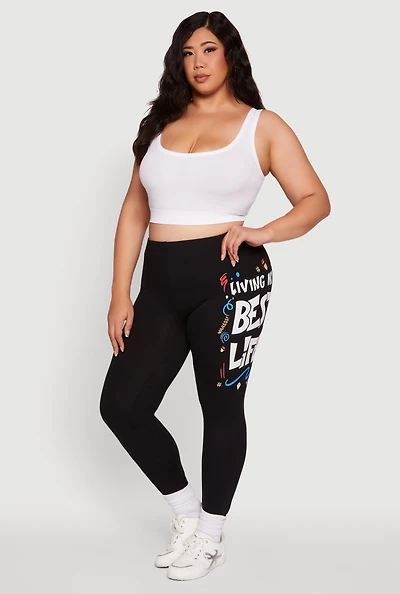 Womens Plus Size Living My Best Life Graphic Leggings, Black, Size 3X