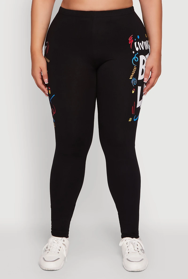 Womens Plus Size Living My Best Life Graphic Leggings, Black, Size 3X