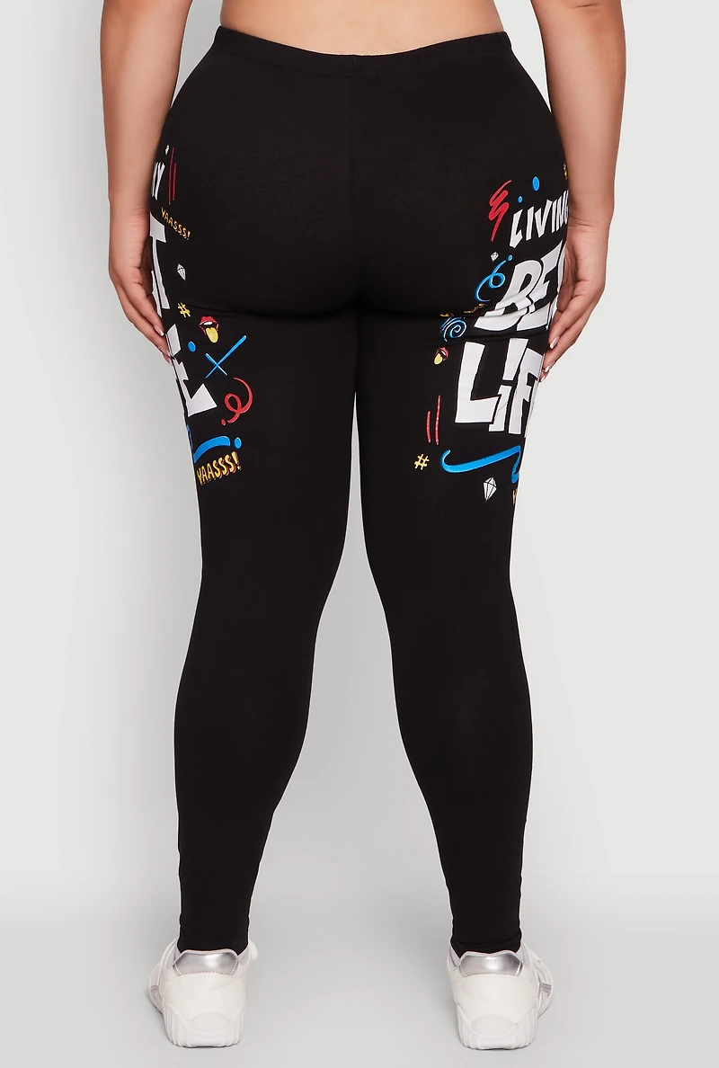 Womens Plus Size Living My Best Life Graphic Leggings, Black, Size 3X