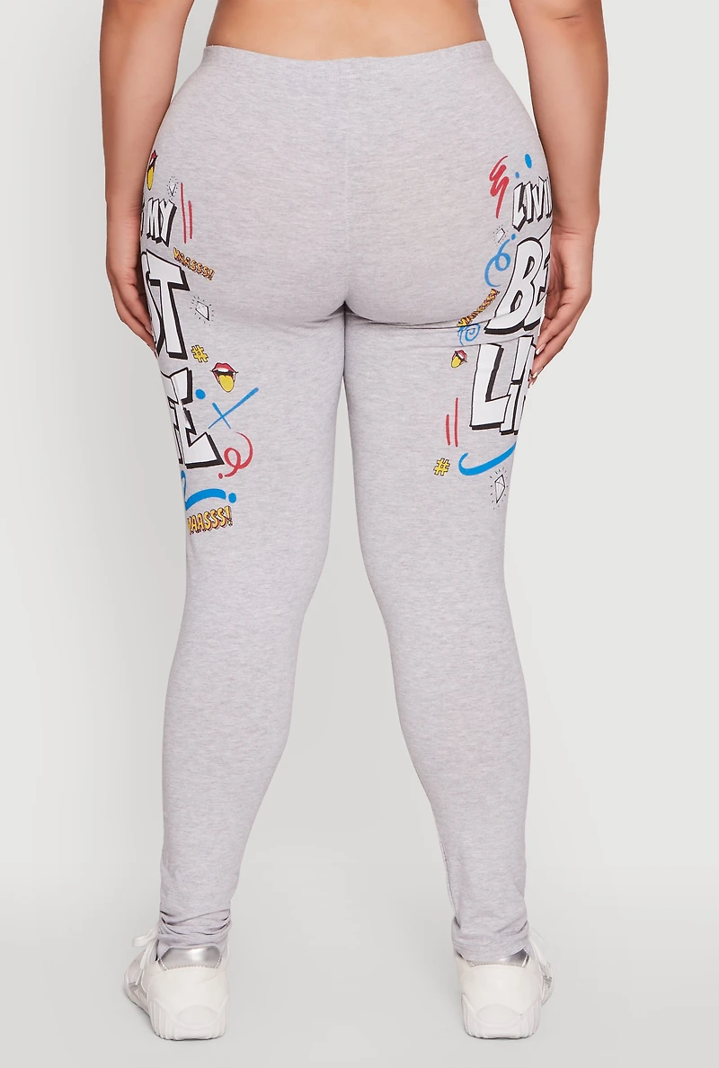 Womens Plus Living My Best Life Graphic Leggings, Grey,