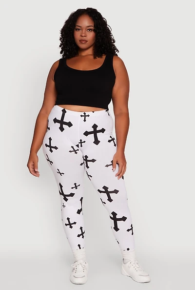 Womens Plus Size Assorted Cross Graphic Leggings, White, Size 3X