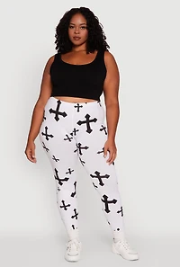 Womens Plus Assorted Cross Graphic Leggings, White,