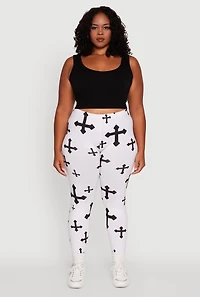 Womens Plus Assorted Cross Graphic Leggings, White,