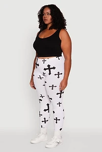 Womens Plus Assorted Cross Graphic Leggings, White,