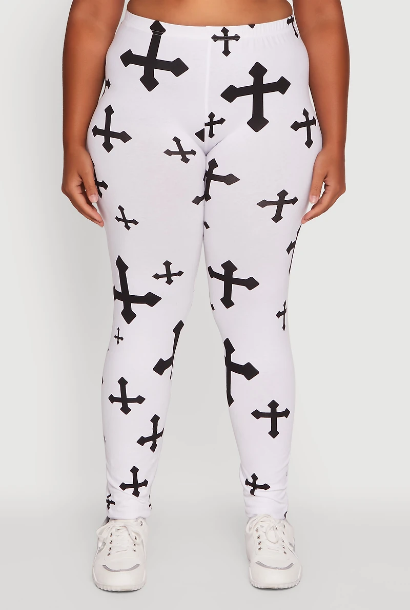 Womens Plus Assorted Cross Graphic Leggings, White,