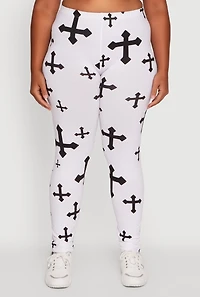 Womens Plus Assorted Cross Graphic Leggings, White,