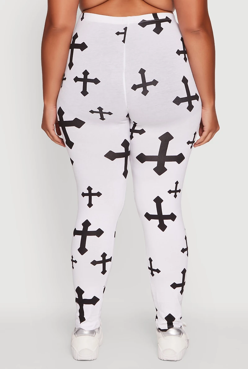 Womens Plus Assorted Cross Graphic Leggings, White,