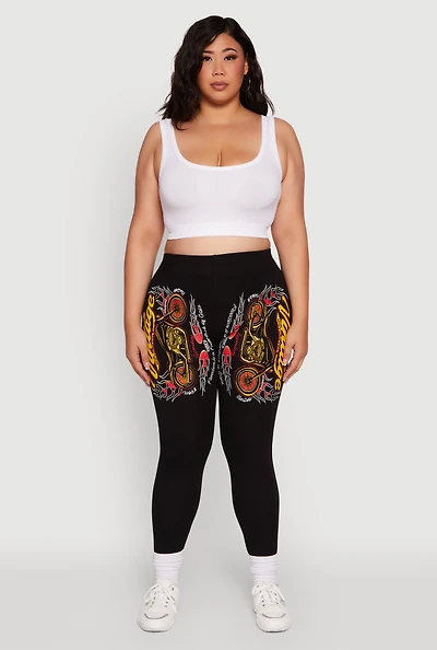 Womens Plus Size Vintage Motorcycle Graphic Leggings, Black, Size 1X