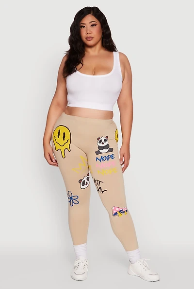 Womens Plus Size High Waist Nope Not Today Graphic Print Leggings, Khaki, Size 2X