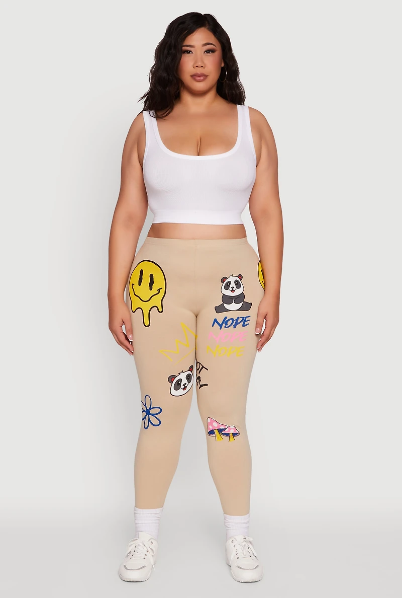 Womens Plus Size High Waist Nope Not Today Graphic Print Leggings, Khaki, Size 2X