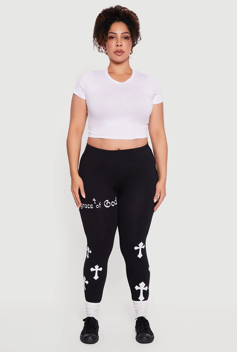 Womens Plus Size Grace of God Cross Print Leggings, Black, Size 1X