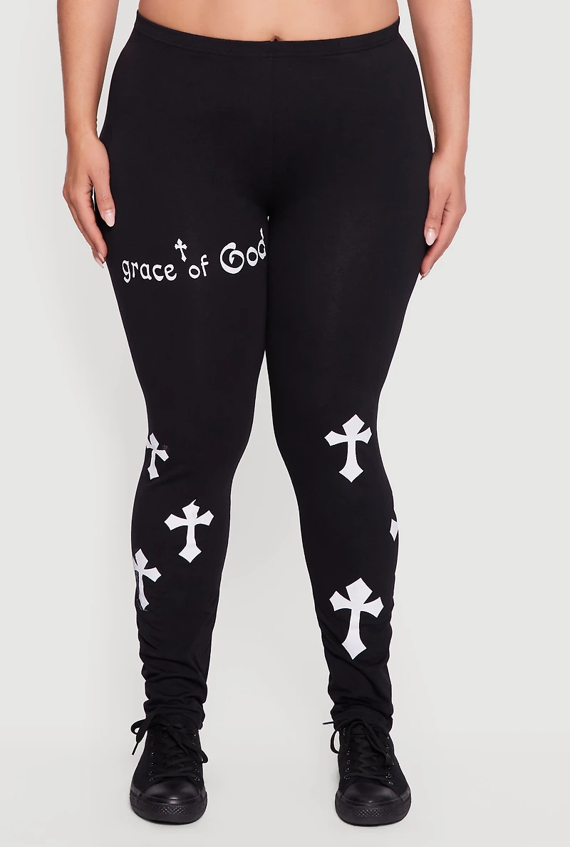 Womens Plus Size Grace of God Cross Print Leggings, Black, Size 1X