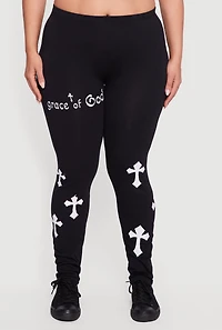 Womens Plus Size Grace of God Cross Print Leggings, Black, Size 1X