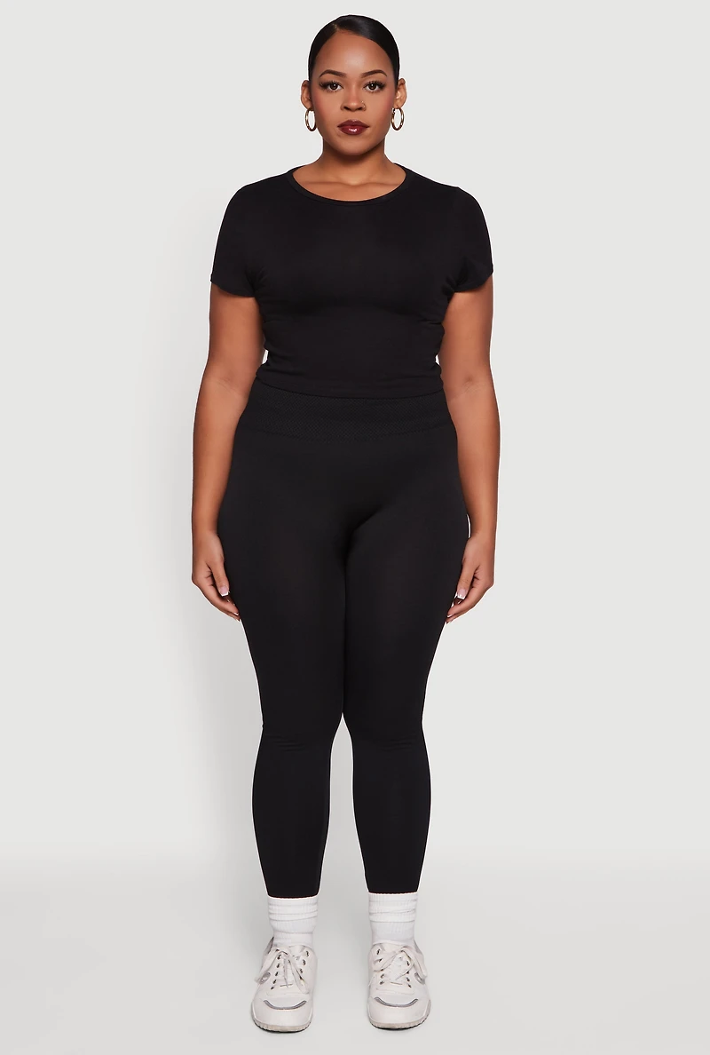 Womens Plus Size Textured High Waisted Fleece Lined Leggings, Black, Size 3X-4X