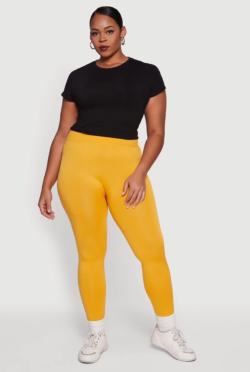 Womens Plus Size Textured High Waisted Fleece Lined Leggings, Yellow, Size 1X-2X