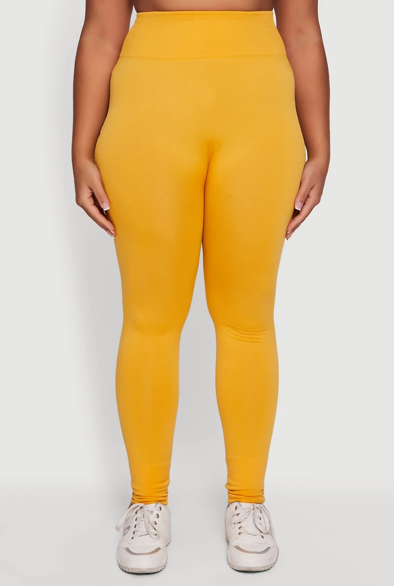 Womens Plus Size Textured High Waisted Fleece Lined Leggings, Yellow, Size 1X-2X