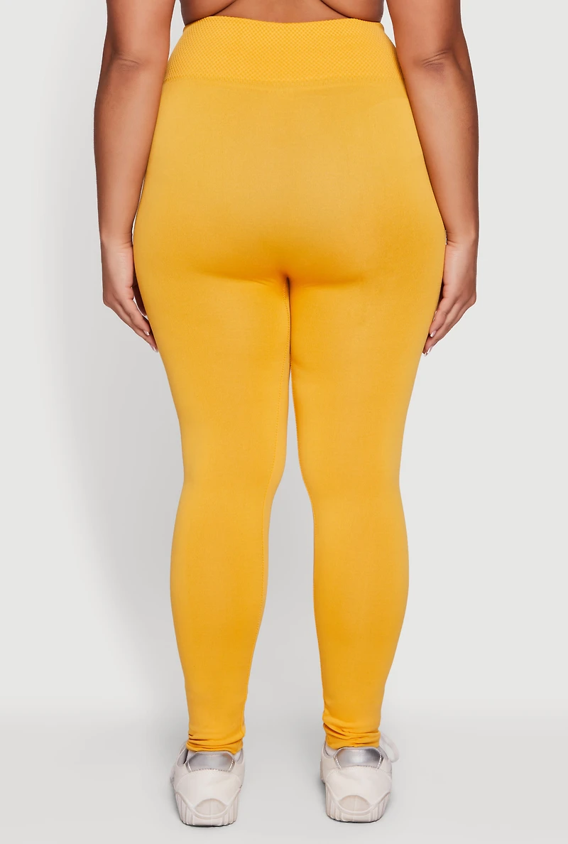 Womens Plus Size Textured High Waisted Fleece Lined Leggings, Yellow, Size 1X-2X