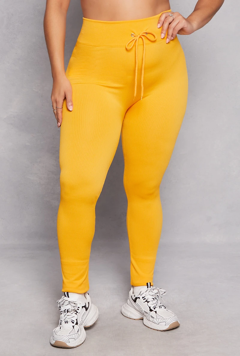 Womens Plus Size Drawstring Detail High Waist Leggings, Yellow, Size 1X-2X