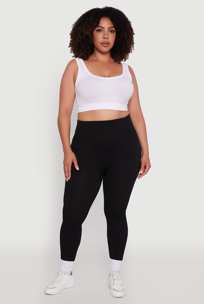 Womens Plus Size High Waisted Ribbed Knit Fleece Lined Leggings, Black, Size 2X-3X